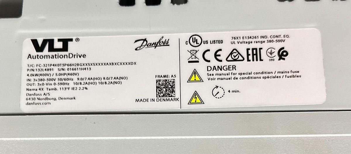 Used DANFOSS FC-321P4K0T5P66H2BGXXSXSXXXXAXBXCXXXXDX / 132L4891 AutomationDrive NSMP