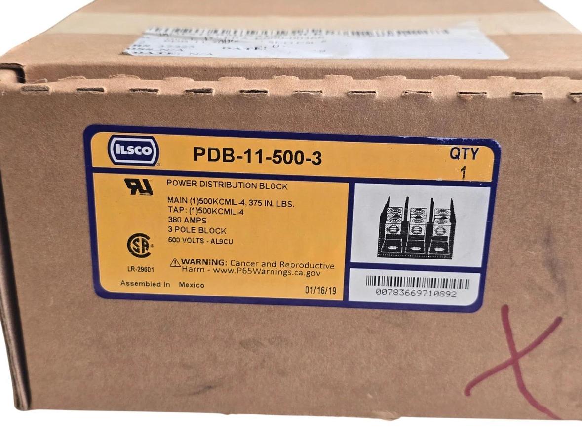 ILSCO PDB-11-500-3 Power Distribution Block | 3-Pole | 380 Amp | 600V - AL9CU