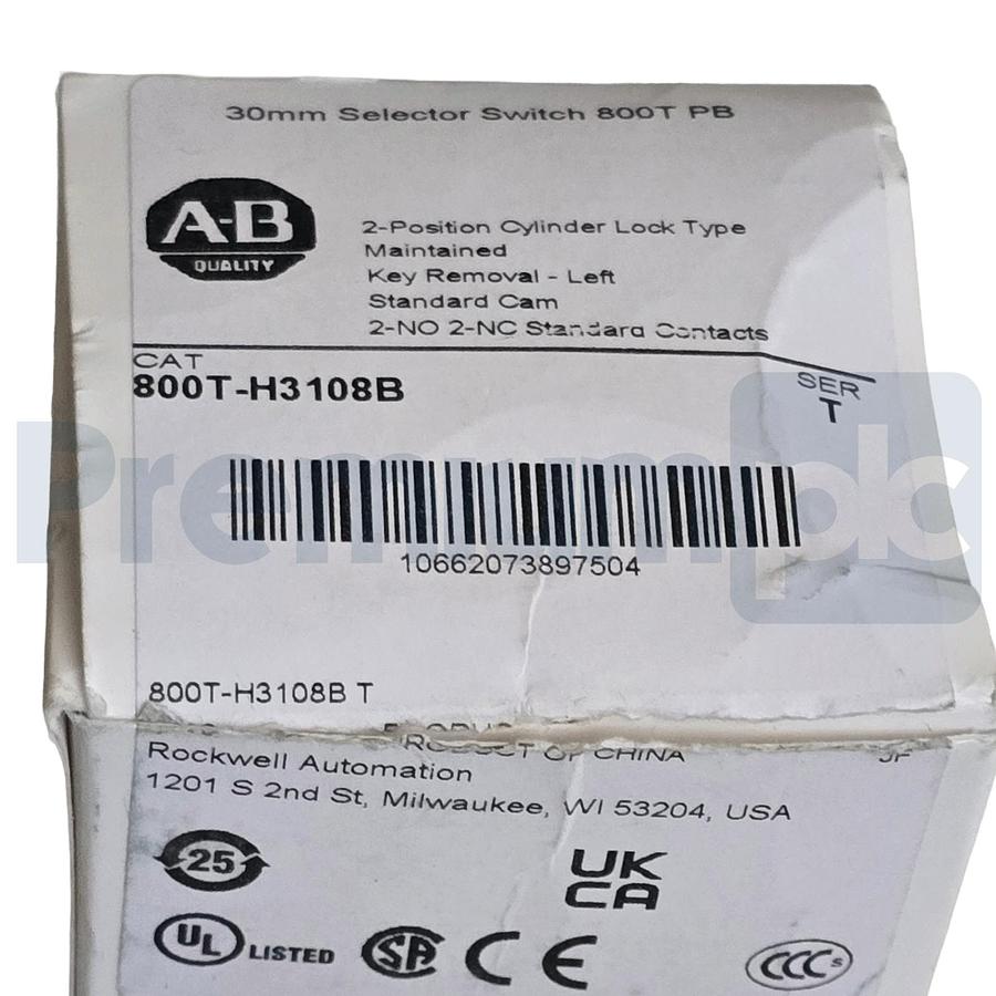 Used Allen-Bradley 800T-H3108B /T 30mm 2-Pos Cylinder Lock Selector Switch 2-NO/2-NC