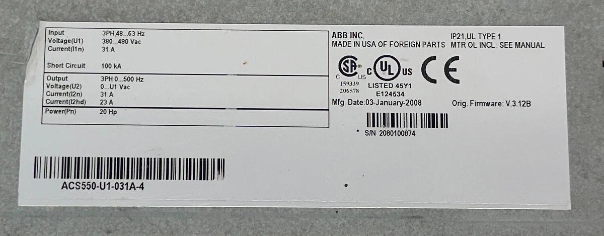 Used For Parts ABB ACS550-U1-031A-4 / ACS550U1031A4 ACS550 SERIES DRIVE 20HP 380-480V