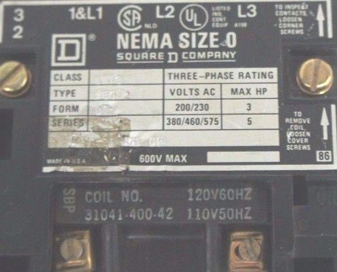 Used SQUARE D CLASS 8536 TYPE SB02 SIZE 0 STARTER 3 PHASE 8536SB02