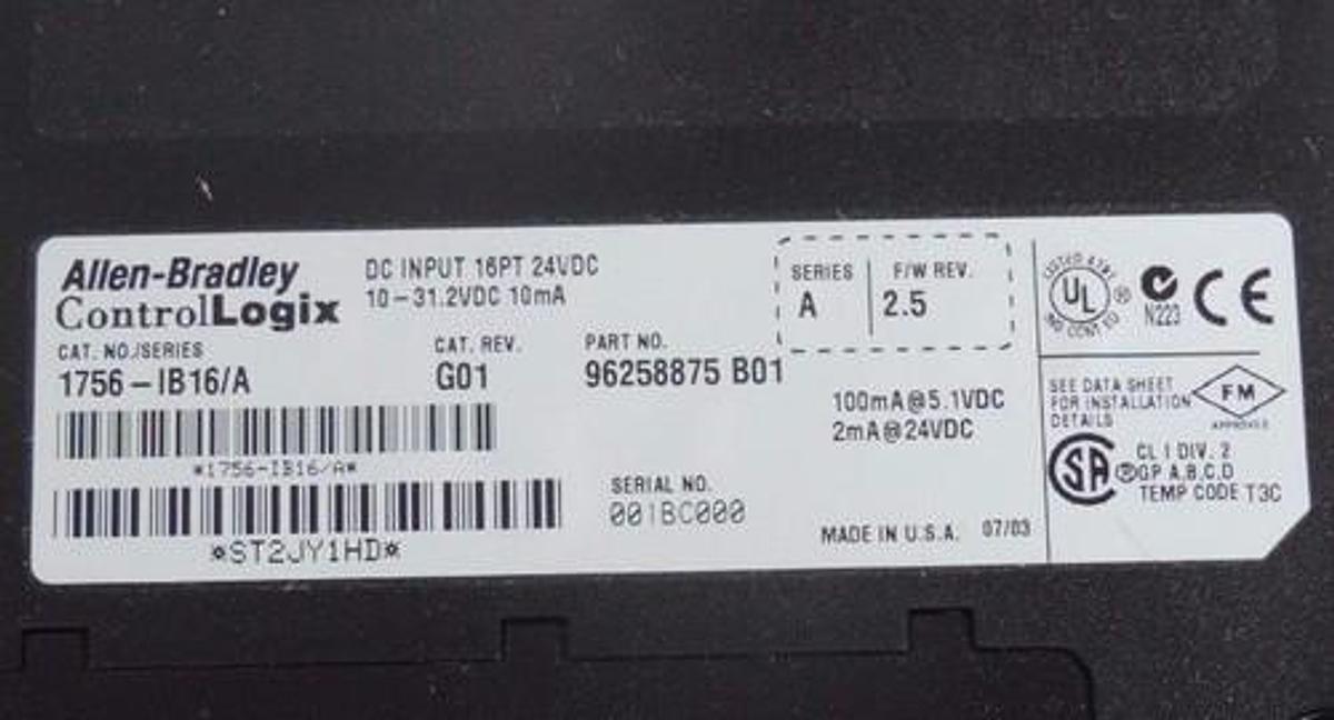 Used ALLEN BRADLEY 1756-IB16/A INPUT MODULE CAT REV G01 SER A FW REV. 2.5 96258875B01