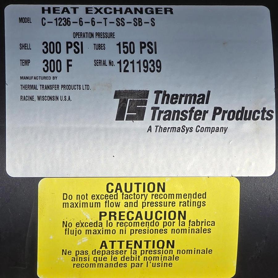 Used TTP THERMAL TRANSFER PRODUCTS C-1236-6-6-T-SS-SB-S HEAT EXCHANGER 2-PASS 97735