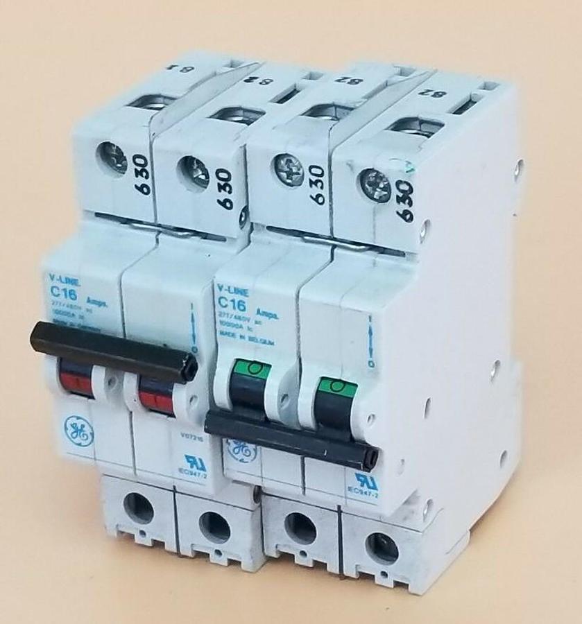 Used LOT OF 2 GENERAL ELECTRIC V07216 CIRCUIT BREAKERS 277/480VAC V-LINE 16A C16
