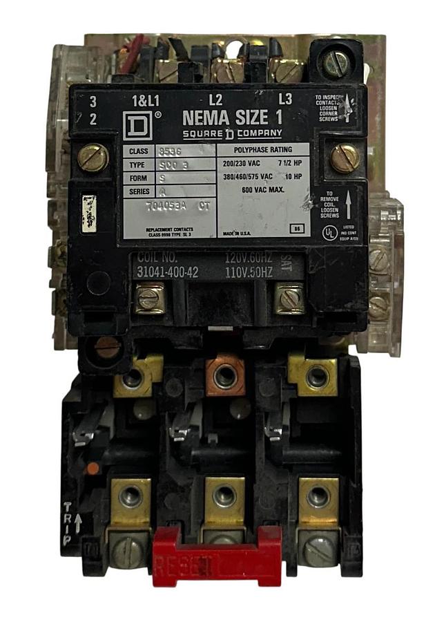 Used SQUARE D 8536-SCO-3 / 8536SCO3 NEMA SIZE 1 MAGNETIC STARTER FORM S SERIES A USNP