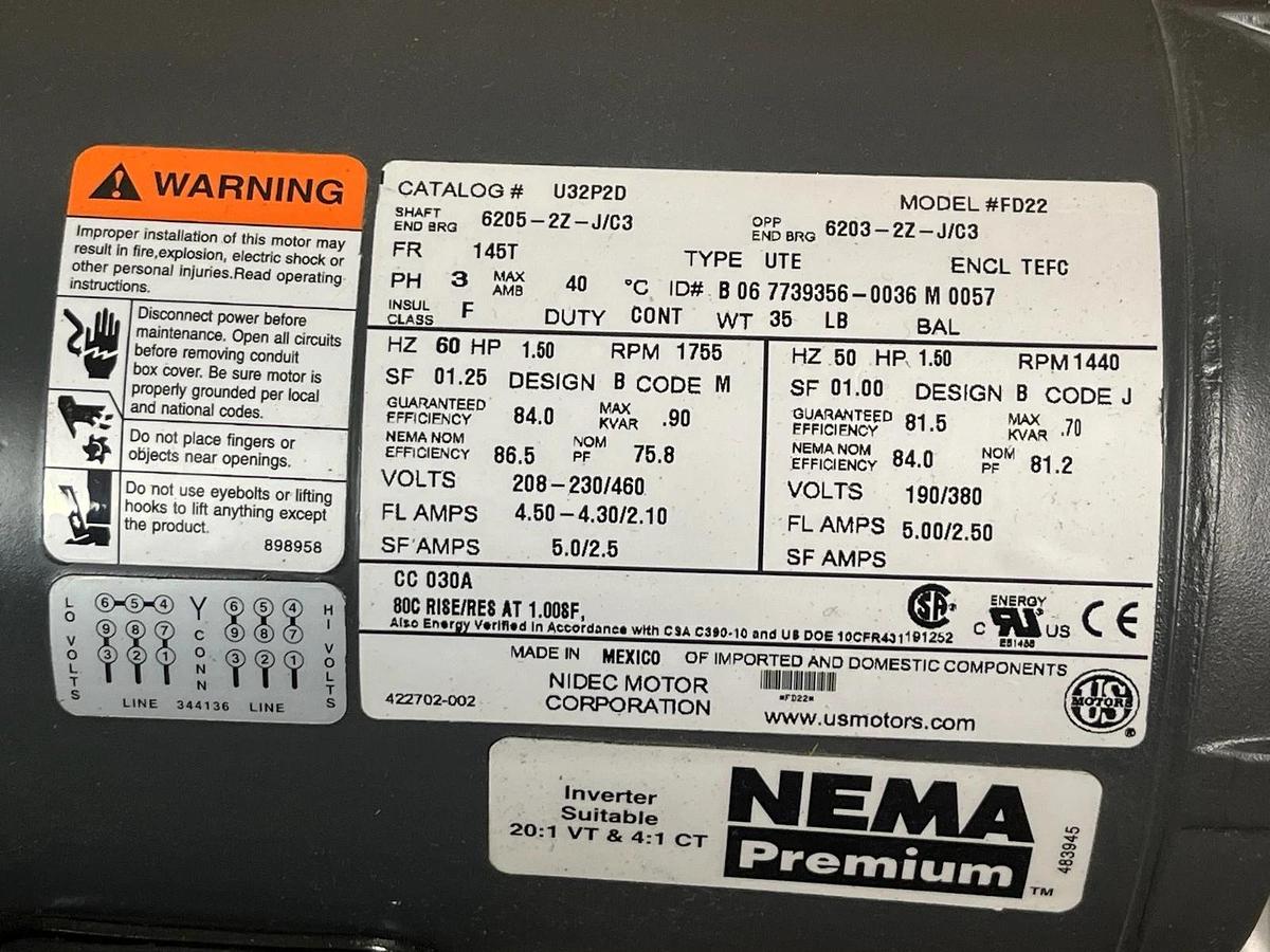 Nidec US Motors U32P2D 1.5 HP 3-Phase Motor | 1755 RPM | TEFC | 145T Frame NSMP