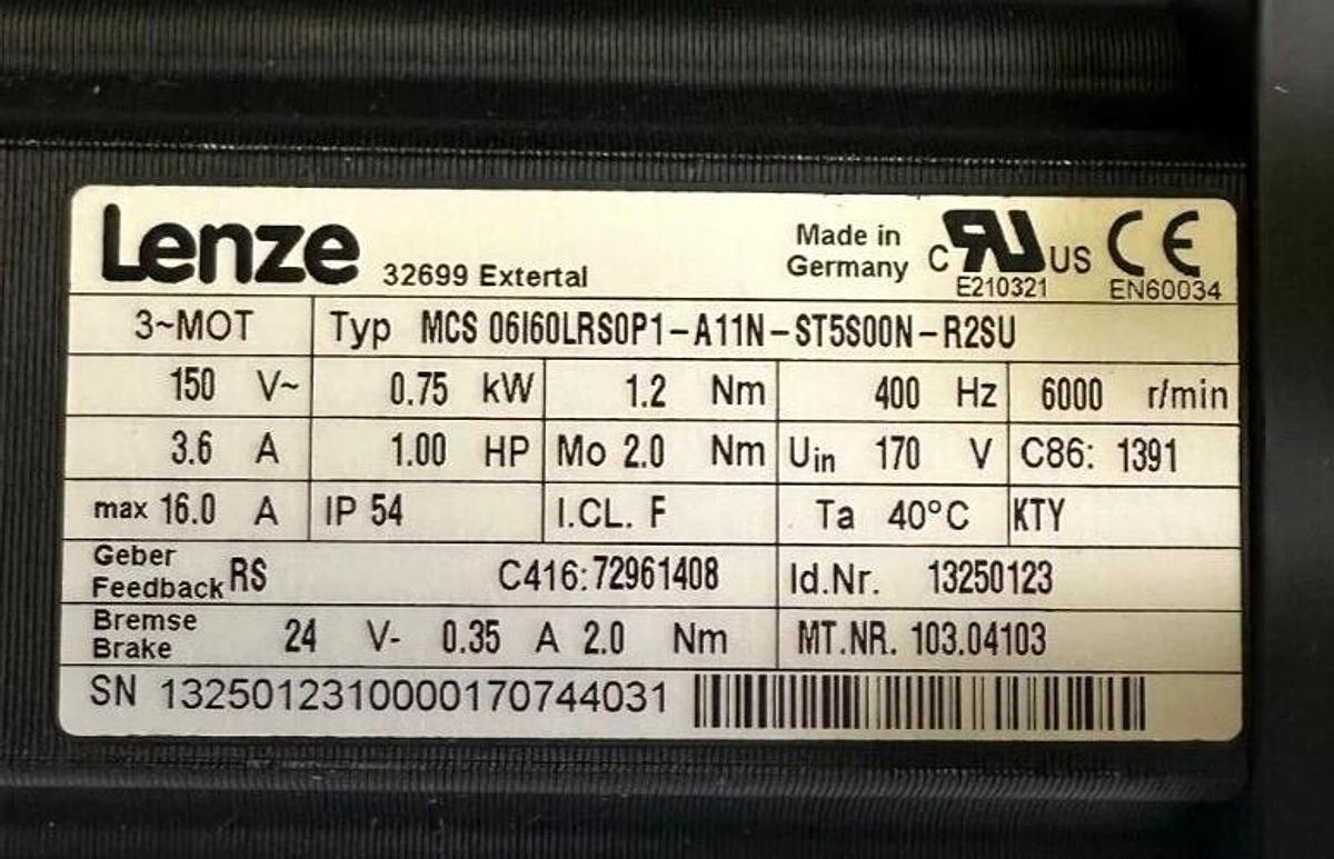 Used LENZE MCS 06I60LRS0P1-A11N-ST5S00N-R2SU SERVO MOTOR 0.75kW/1.0HP 1.2Nm 13250123