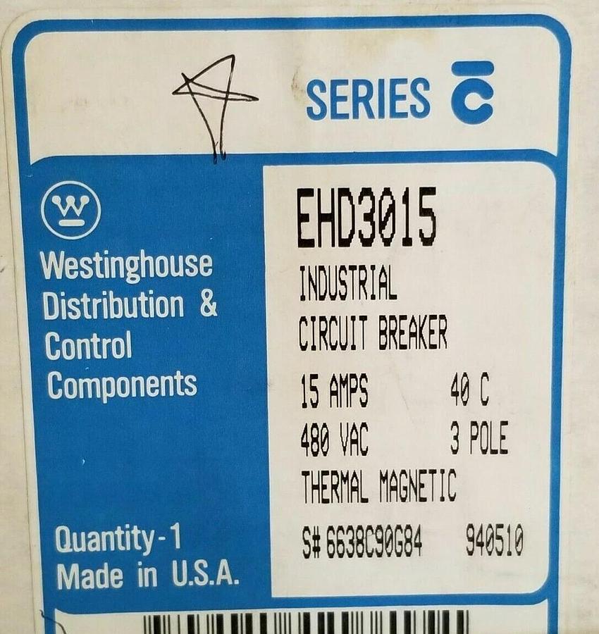 Used NIB WESTINGHOUSE EHD3015 CIRCUIT BREAKER 15A 480VAC 3P W/ 624B100G14 KIT