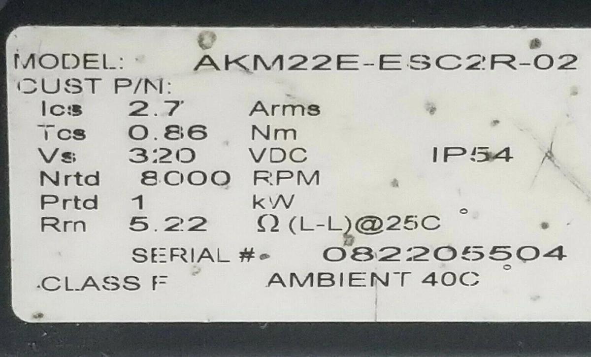 Used DANAHER MOTION AKM22E-ESC2R-02 SERVOMOTOR 320VDC 2.7 ARMS 8000RPM