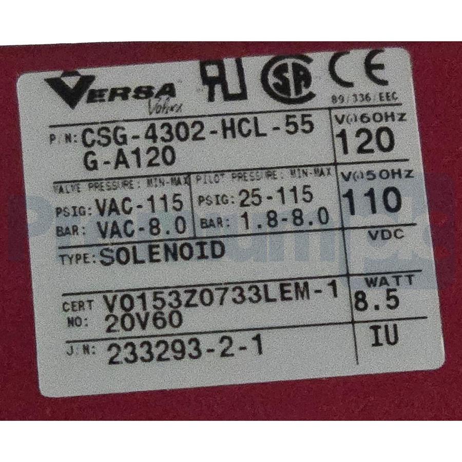 Used Versa Valves CSG-4302-HCL-55G-A120 Pneumatic 4-Way Valve, 120V AC, 1/4" NPT NSMP