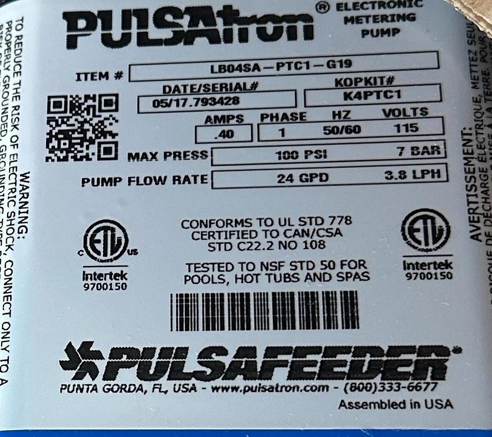 PULSAFEEDER LB04SA-PTC1-G19 / LB04SAPTC1G19 CHEMICAL METERING PUMP 115V NSMP