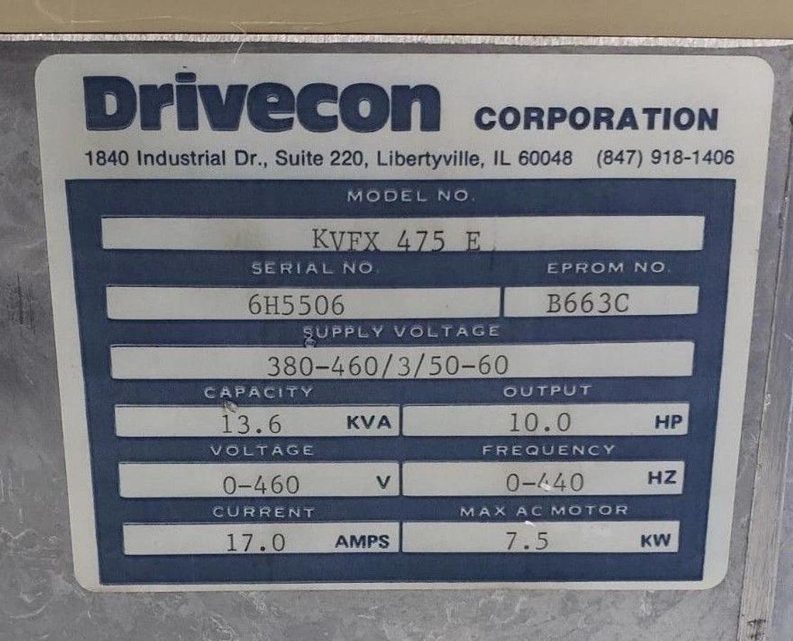 Used DRIVECON KVFX-475-E TRANSISTOR INVERTER 380-460V, 50-60HZ, 17A, 10HP, KVFX475E