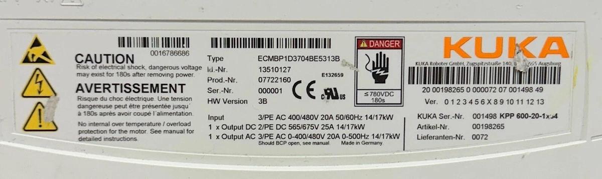 Used For Parts KUKA ECMBP1D3704BE5313B / 13510127 / KPP 600-20-1x64 POWER PACK DRIVE