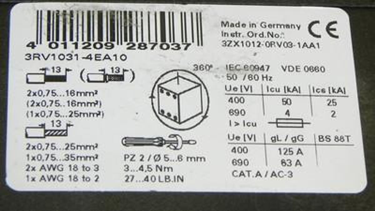 Used SIEMENS 3RV1-031-4EA10 SIRIUS COMBINATION MOTOR CONTROLLER 3RV10314EA10