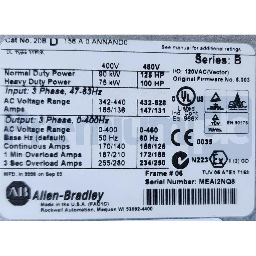 Used Allen Bradley 20BD156A0ANNAND0 /B PowerFlex 700 AC Drive 125HP 3Ph/480V Repaired