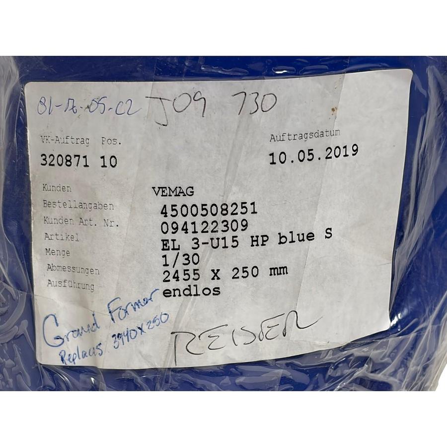 Used NEW Vemag Reiser 094122309 Ground Former Endless Blue Conveyor Belt 2455x250mm