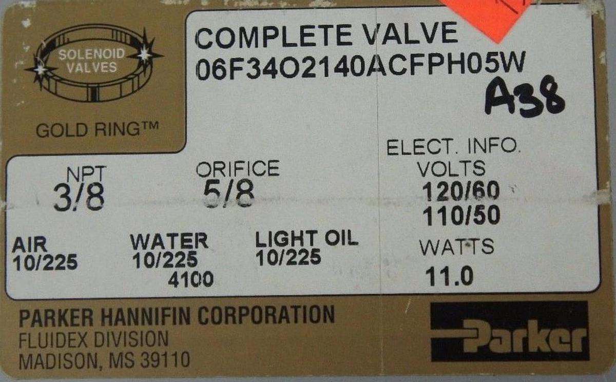 Used NIB PARKER 06F34O2140ACFPH05W SOLENOID VALVE 3/8" NPT, 5/8" ORIFICE