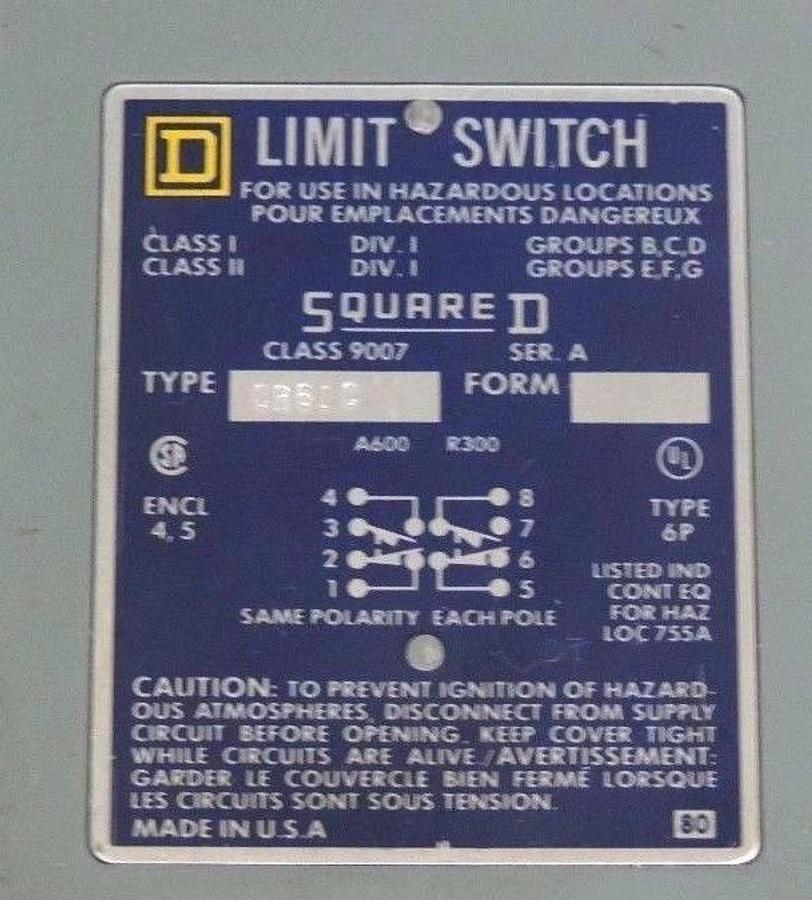 Used SQUARE D 9007-CR61C SER. A LIMIT SWITCH W/ 9007 CLASS SER. A HEAD, 9007CR61C