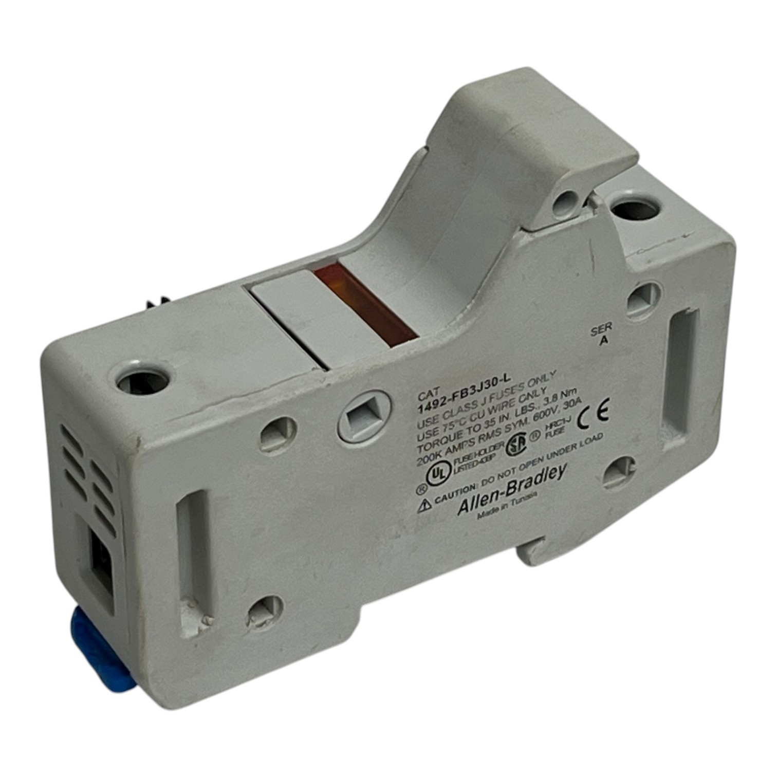 Used Allen-Bradley 1492-FB3J30-L Class J 30A Fuse Holder 600V DIN Blown Indication