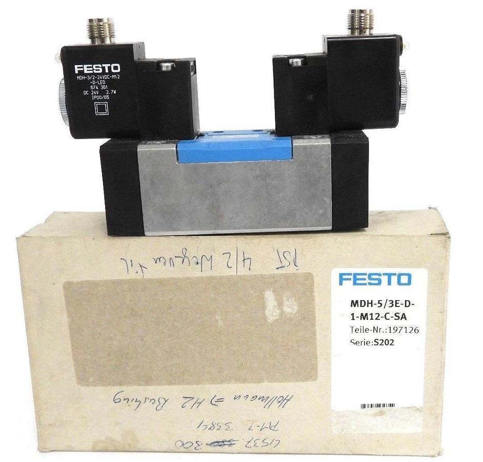 Used NIB FESTO MDH-5/3E-D-1-M12-C-SA VALVE MDH53ED1M12CSA, MDH-3/2-24VDC-M12-D-LED