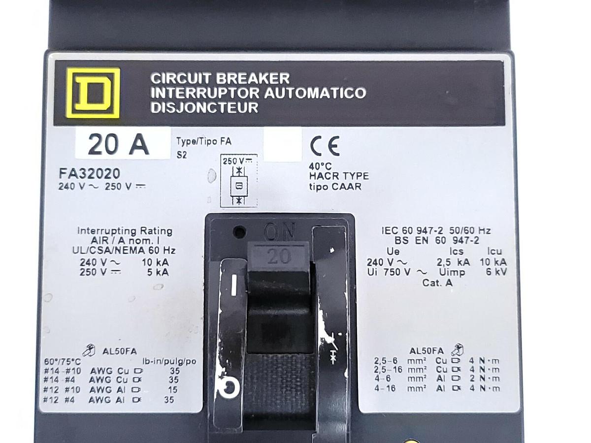 Used NIB SQUARE D FA32020 CIRCUIT BREAKER 20A, 3P, 240~250V 50/60HZ (DAMAGED)