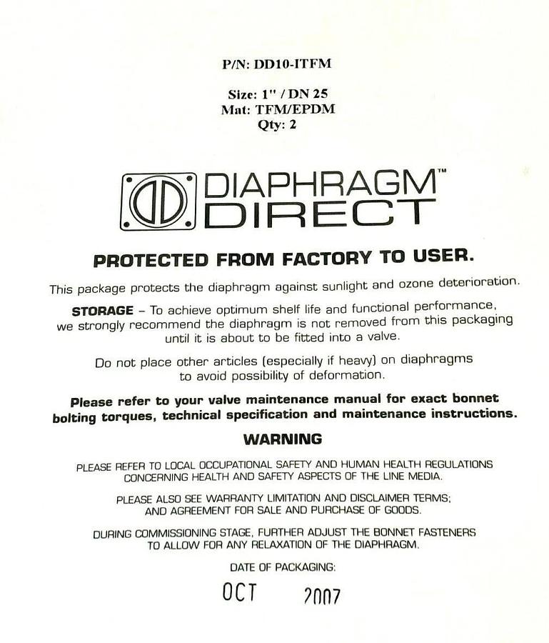 Used LOT OF 2 NEW DIAPHRAGM DIRECT P/N: DD10-ITFM SIZE: 1'' / DN 25 MAT: TFM/EPDM
