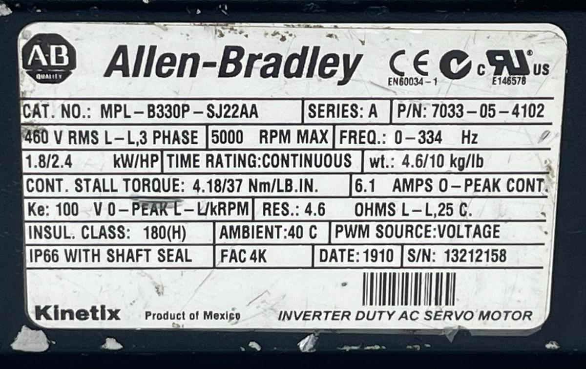 Used Allen-Bradley MPL-B330P-SJ22AA Servo Motor | MP-Series Low Inertia | 460V 5000RP