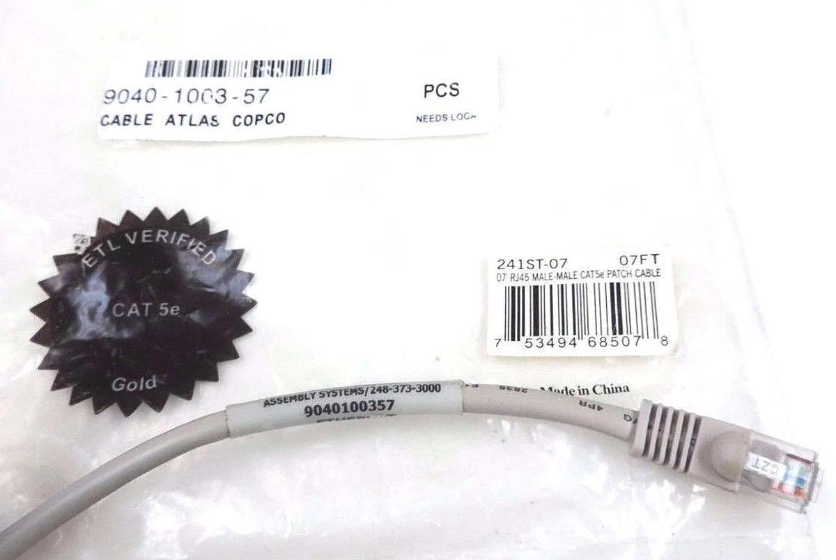 LOT OF 2 NEW ATLAS COPCO 9040-1003-57, 241ST-07, 07' RJ45 MALE-MALE CAT5e CABLES