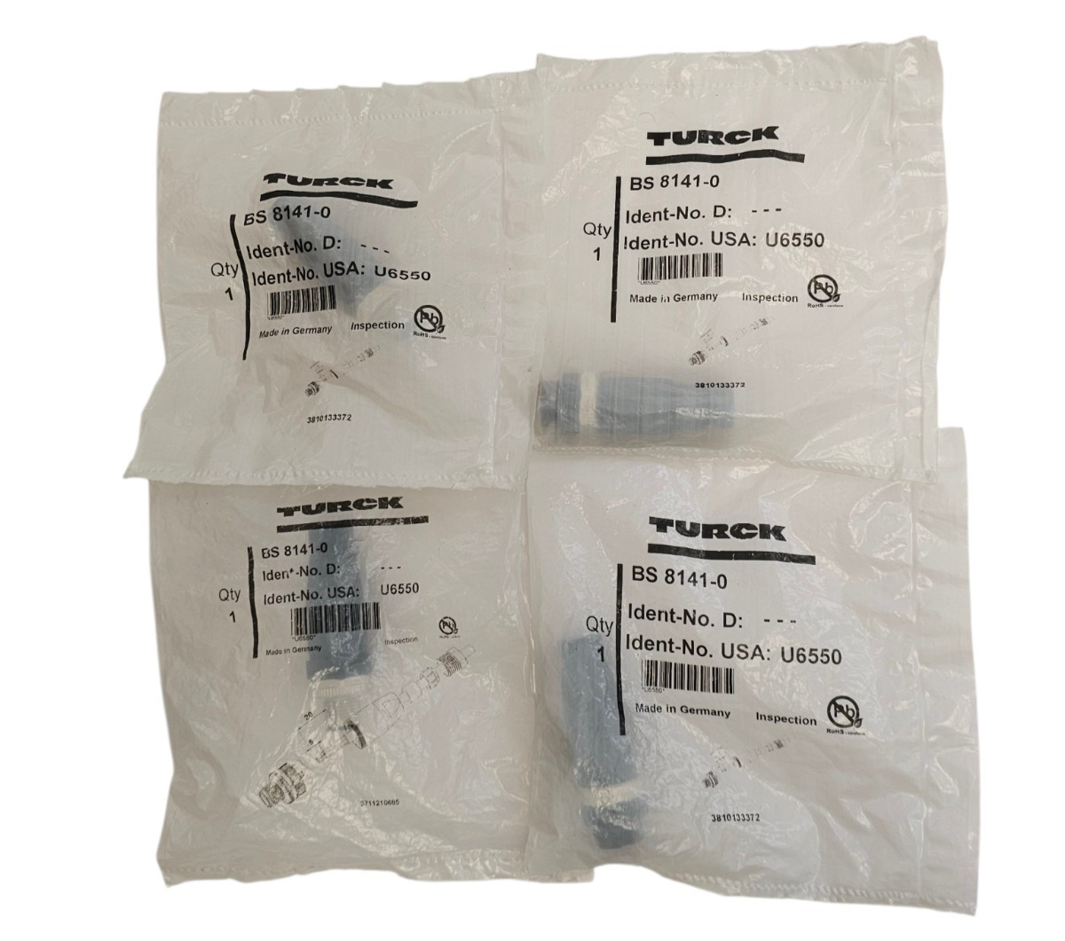 LOT OF 4 NEW TURCK BS 8141-0 CONNECTORS BS81410 IDENT-NO. U6550