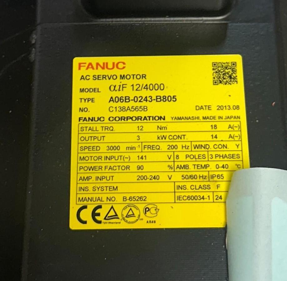 Used FANUC A06B-0243-B805 / A06B0243B805 AC SERVO MOTOR aiF 12/4000 3kW 141V NSNP *