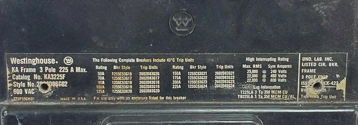 Used WESTINGOUSE CAT NO. KA3225F STYLE NO. 2602D86G02 CIRCUIT BREAKER 3P, 225A, 600V