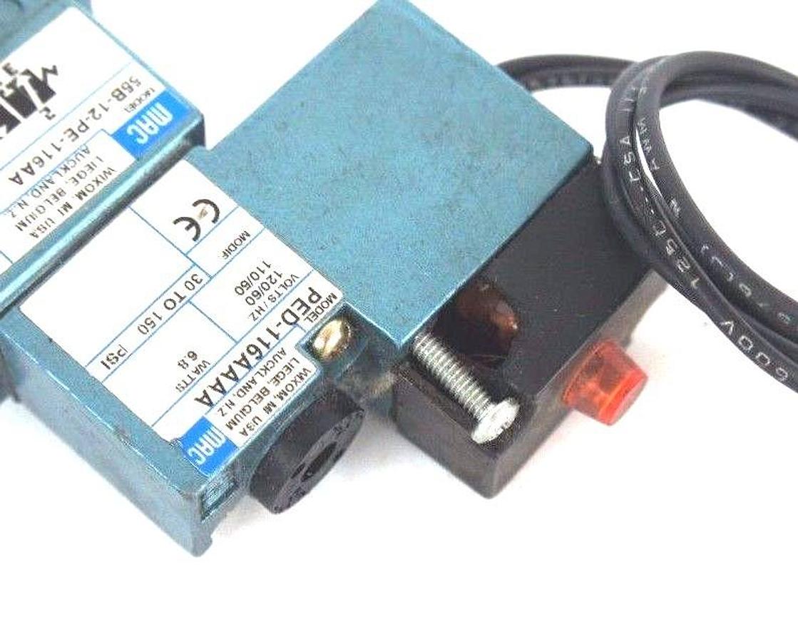 Used MAC 55B-12-PE-116AA VALVE W/ PED-116AAAA, 6.8 WATTS, 30 TO 150 PSI CRACK ON COIL