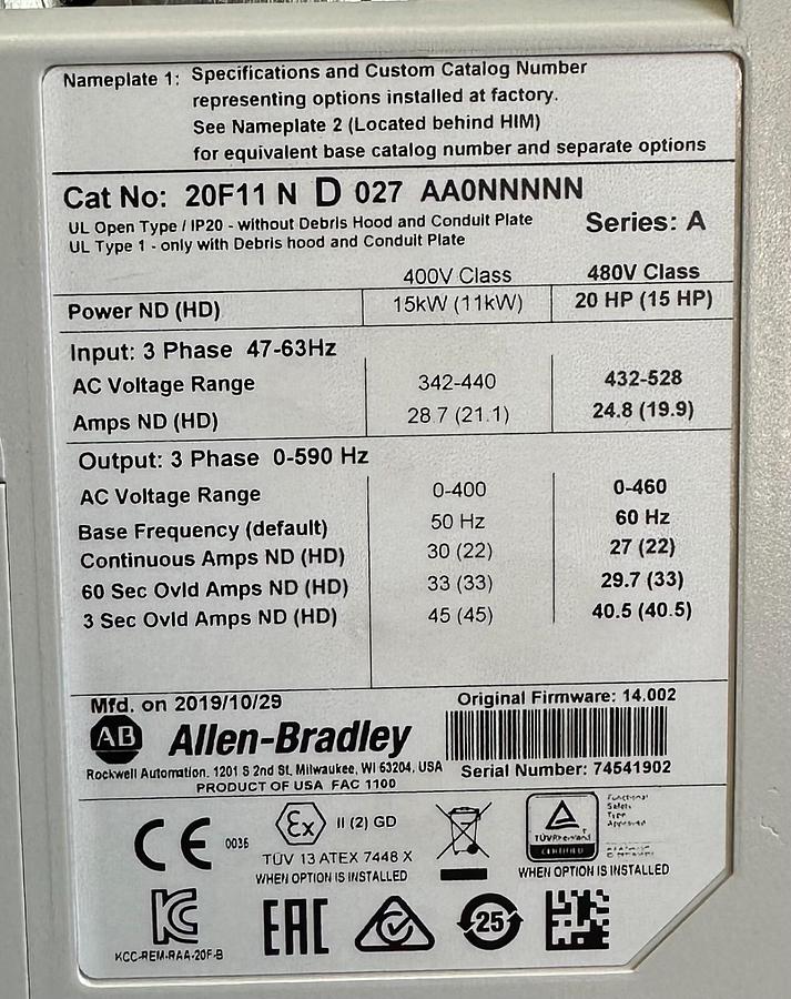 Used ALLEN BRADLEY 20F11ND027AA0NNNNN /A PowerFlex 753 AC DRIVE 15kW/20HP 432-528V