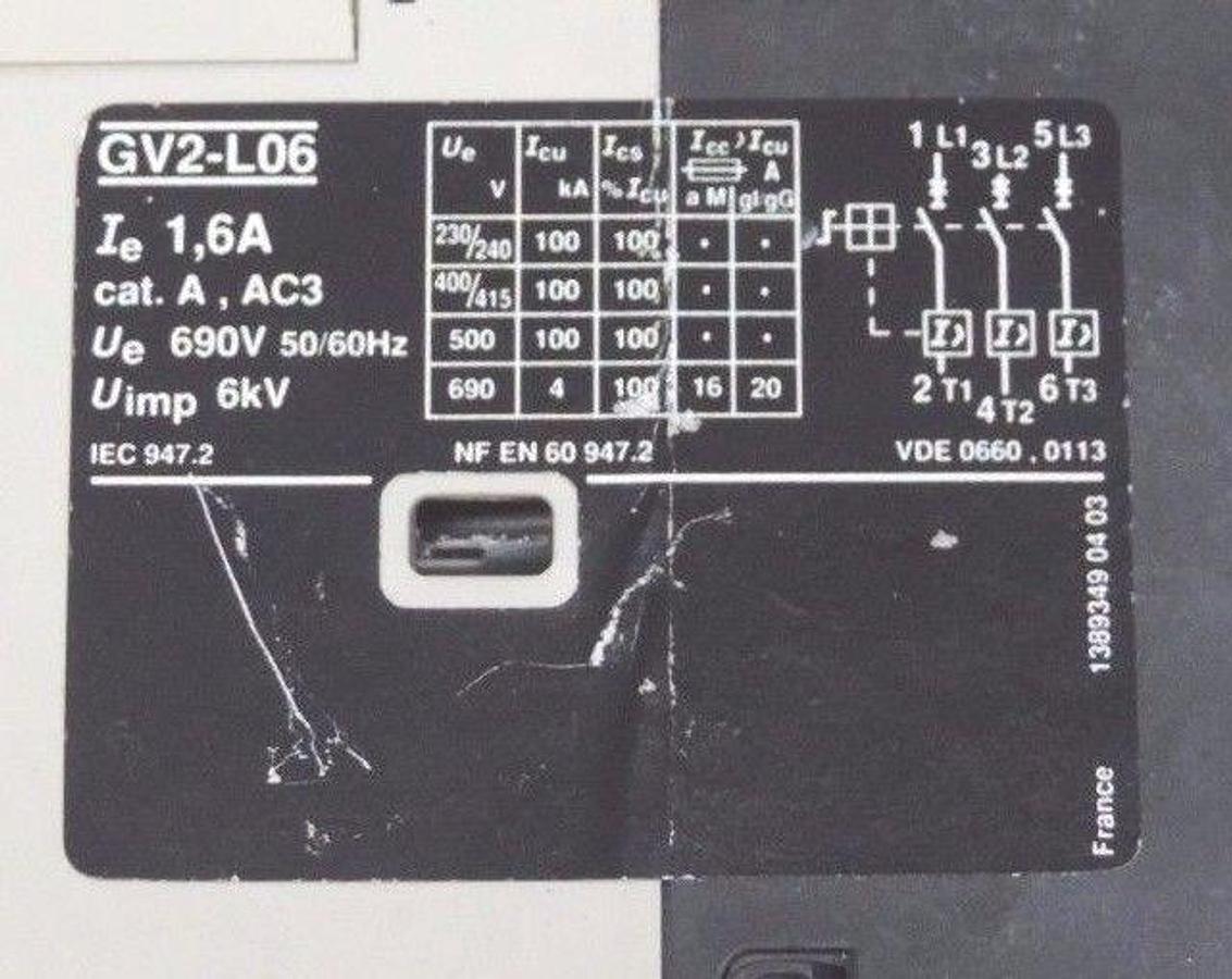 Used TELEMECANIQUE GV2-L06 MANUAL STARTER SWITCH 6A, 690V, 50/60HZ GV2L06