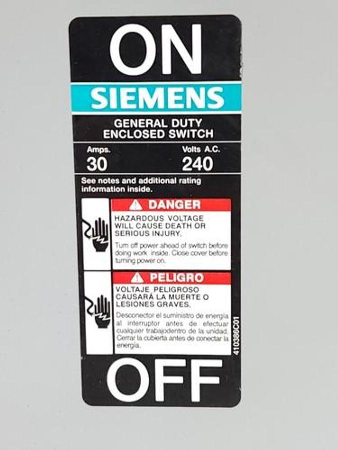 Used SIEMENS GNF321 GENERAL DUTY ENCLOSED SWITCH 30AMPS TYPE 1 ENCLOSURE
