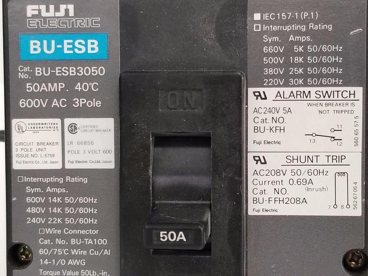 Used FUJI ELECTRIC BU-ESB3050 CURCUIT BREAKER 50A, 600VAC, 3 POLE, BU-ESB , BUESB3050