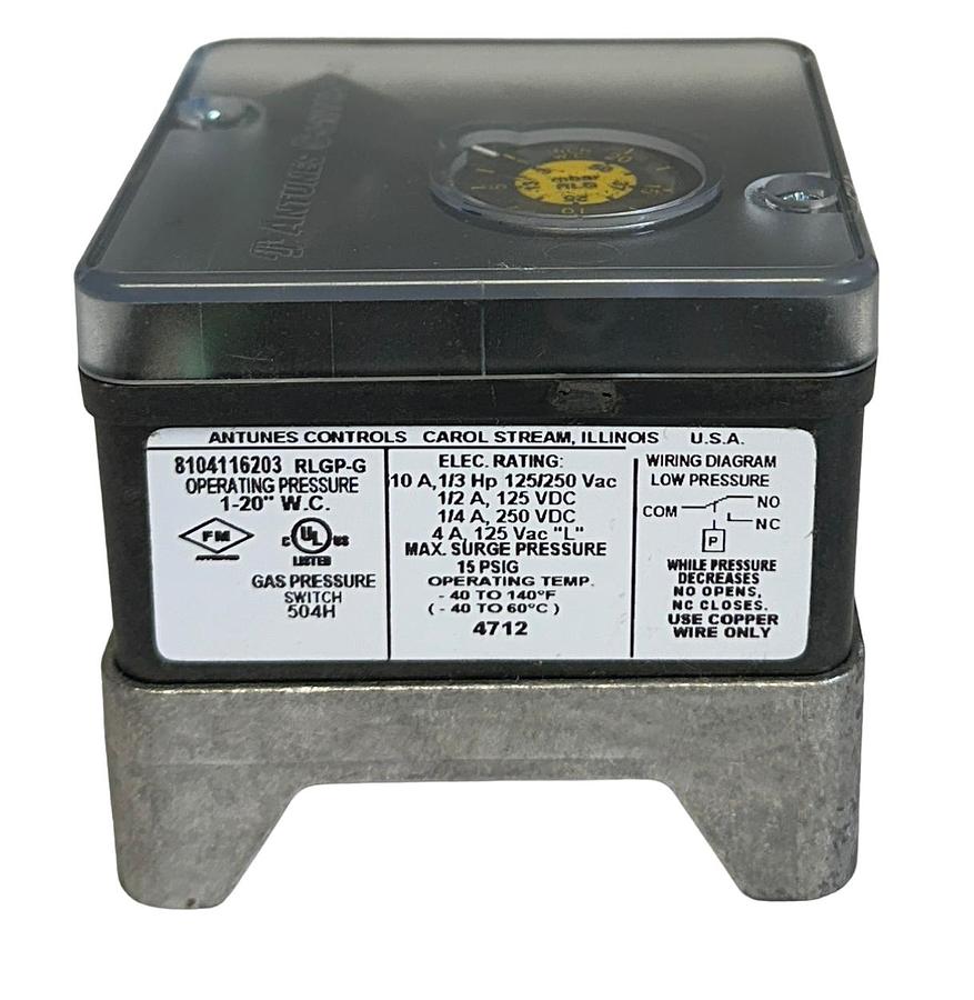 Used ANTUNES CONTROLS RLGP-G / 8104116203 GAS PRESSURE SWITCH 1-20'' W.C. 10A USNP
