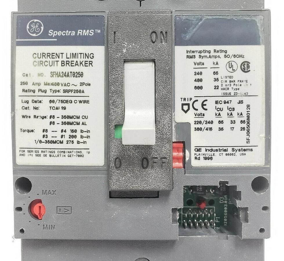 Used GE SFHA24AT0250 SPECTRA RMS CURRENT LIMITING CIRCUIT BREAKER 250AMP 480VAC 2POLE