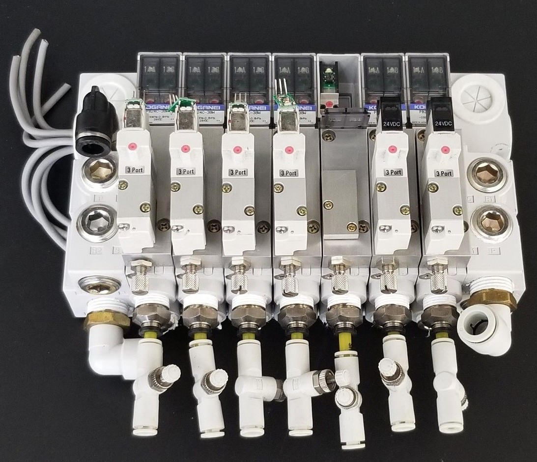 Used KOGANEI PBM7P-3W SOLENOID VALVE BLOCK, GA110E1-PSL-1L-7W, PB24C-38W, PB24C-39W