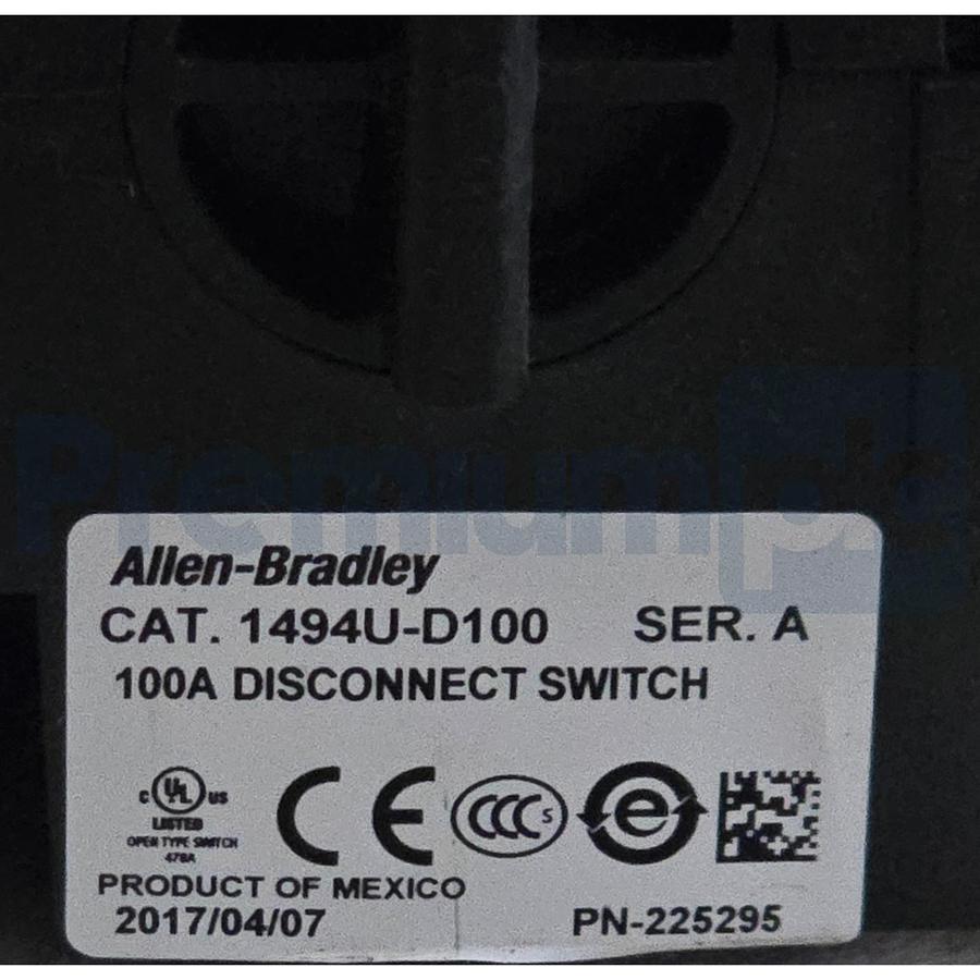 Used Surplus Allen Bradley 1494U-D100 /A Disconnect Switch 100A w/Lugs & Hardware Kit
