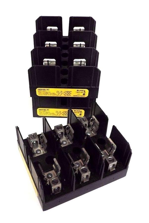 Used 3 COOPER BUSSMAN J60030-3CR, J60030-3C FUSE HOLDERS 600V, 30A, 60/75C, J60030C