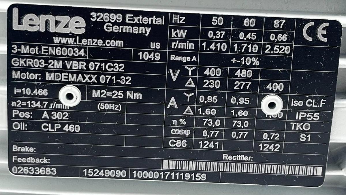 LENZE GKR03-2M VBR 071C32 Geared Motor 1.5 HP 1.1 kW 230/460V 3-Ph Helical-Worm