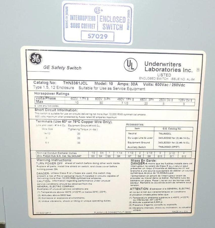 Used NEW IN BOX GENERAL ELECTRIC THN3361JCL HEAVY DUTY SAFETY SWITCH 600VAC 30A