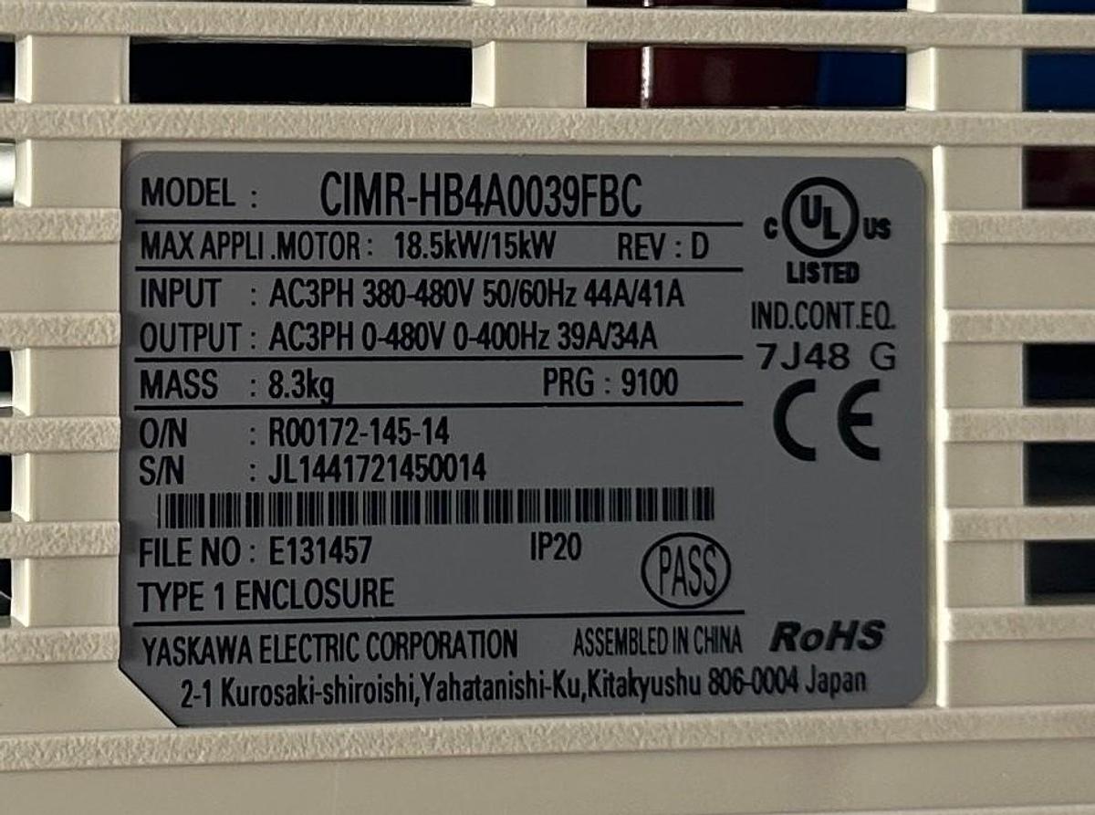 Used YASKAWA CIMR-HB4A0039FBC / H1000 AC DRIVE Rev. D 18.5kW/15kW 380-480VAC 3PH NSMP