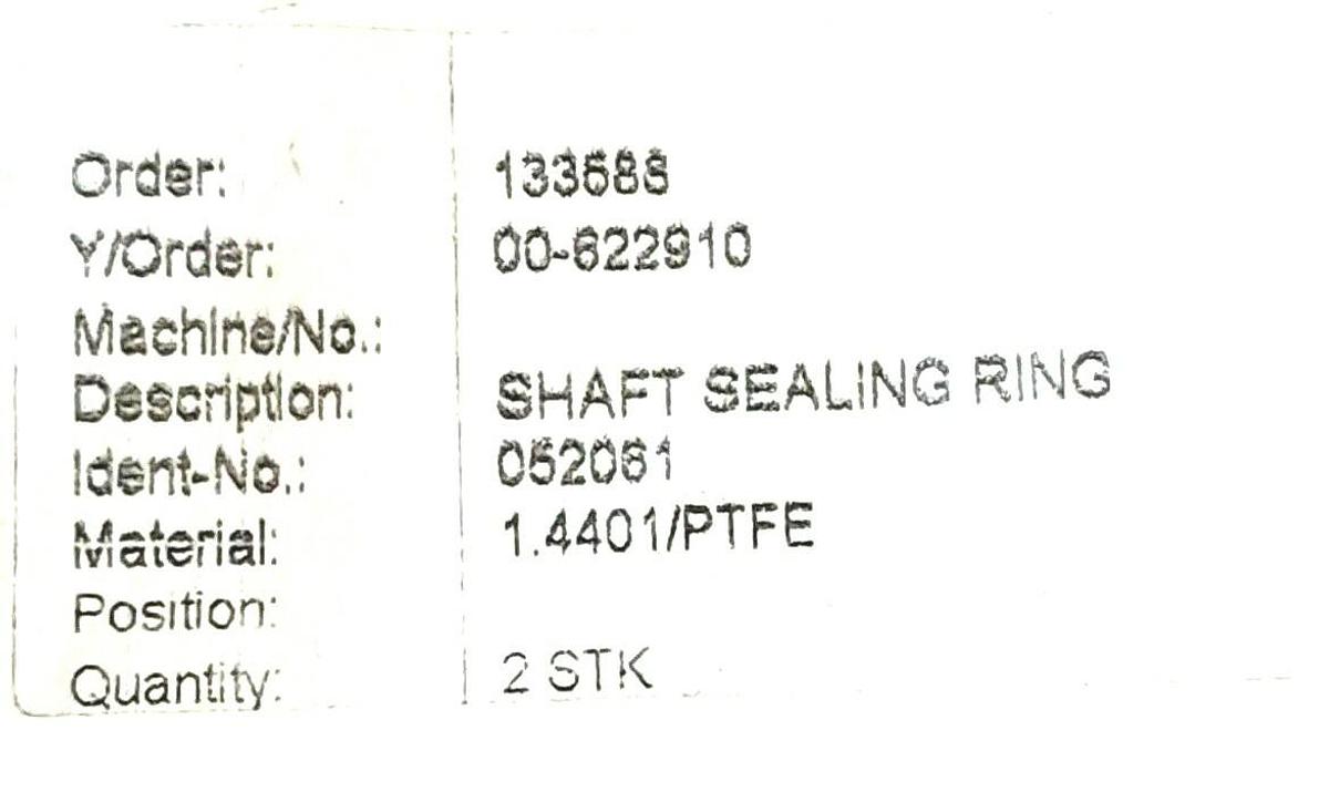 Used LOT OF 2 NEW GENERIC IDENT-NO. 052061 MATERIAL: 1.4401/PTFE SHAFT SEALING RINGS