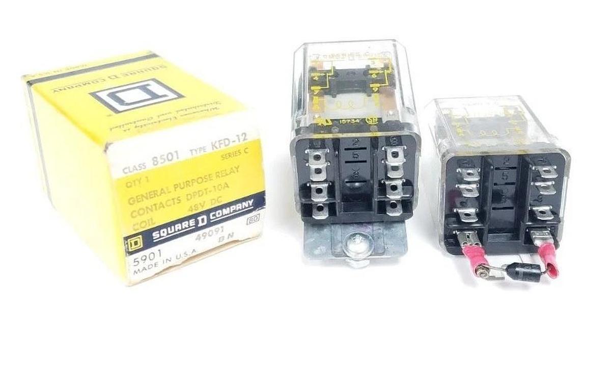 Used LOT OF 2 SQUARE D 8501-KFD-12 RELAYS 48VDC, 2PDT, DPDT-10A, SER C, 8501KFD12
