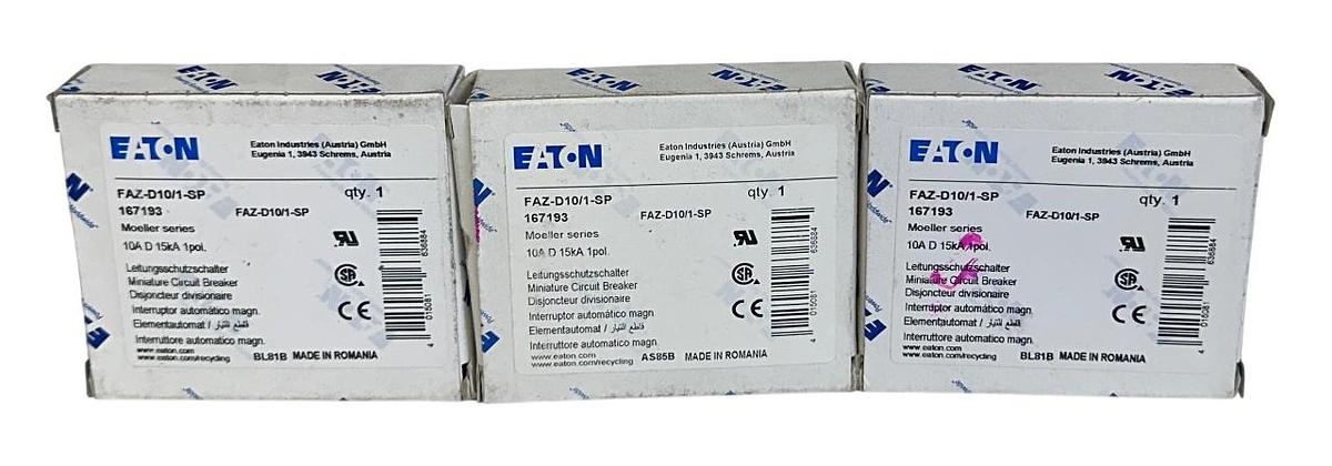 Used 3 EATON FAZ-D10/1-SP / FAZD101SP MINI CIRCUIT BREAKERS 10A 15kA 1P 167193 NSMP