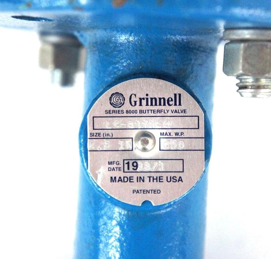 Used NEW GRINNELL LC-8171-4 SERIES 8000 BUTTERFLY VALVE 2.5" 250 MAX WP W/O HANDLE