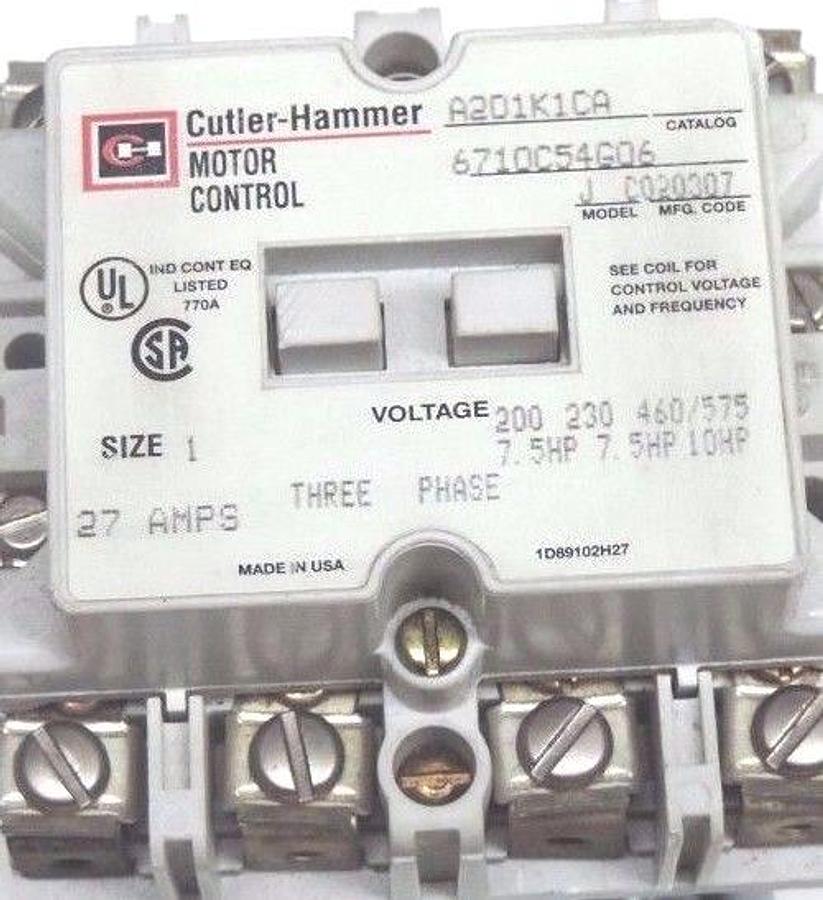 Used CUTLER HAMMER A201K1CA CONTACTOR MODEL J, 6710C54G06, SIZE 1, 27AMPS