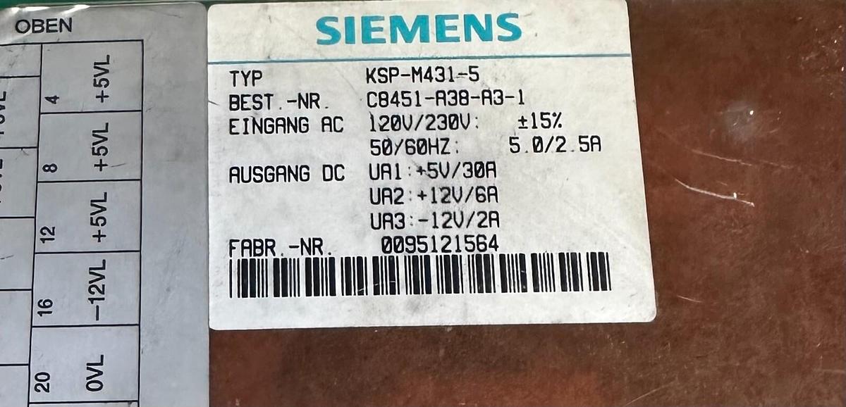 Used SIEMENS KSP-M431-5 SICOMP POWER SUPPLY C8451-A38-A3-1 AMS-M431-A5 AMS-M431